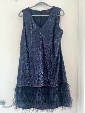 Tahari Woman Navy Sequin Feather Trim Midi Dress